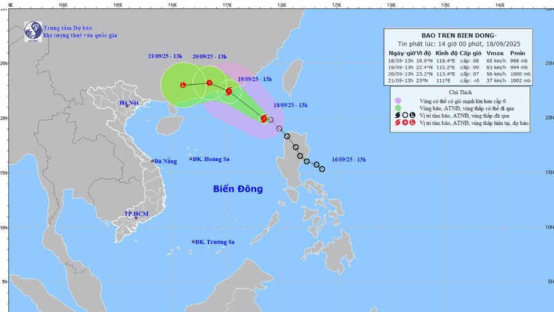 Bản đồ dự báo quỹ đạo và cường độ bão phát lúc 14 giờ ngày 18/9.