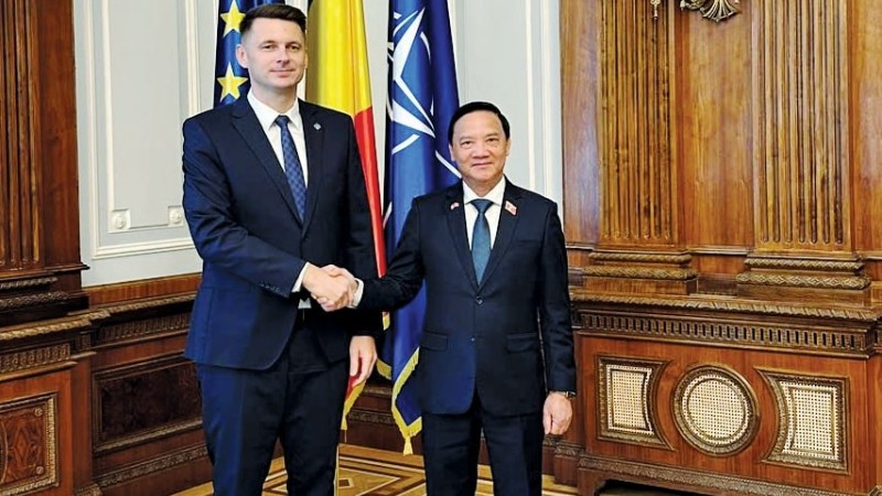 Phó Chủ tịch Quốc hội Nguyễn Khắc Định hội kiến Chủ tịch Thượng viện Romania Mircea Abrudean. (Ảnh: THẾ CƯỜNG)