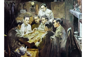 Hội nghị thành lập Ðảng Cộng sản Việt Nam năm 1930. Tranh của họa sĩ Phan Kế An