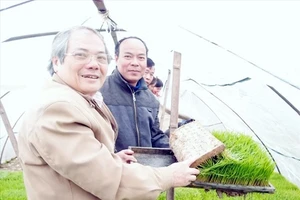 TS Lê Văn Tri thăm một số đơn vị sản xuất mạ khay do Công ty Cổ phần công nghệ sinh học chuyển giao công nghệ.