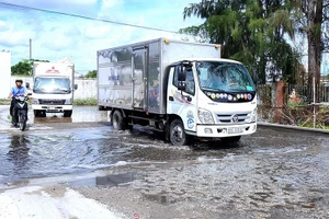 Các phương tiện đường bộ lưu thông vào Cà Mau phải qua các hố khử trùng đặt tại các trạm kiểm dịch. (ẢNH: HỮU TÙNG)