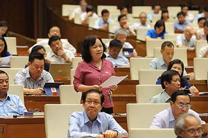 Các đại biểu Quốc hội thảo luận tại hội trường về dự án Luật Thư viện chiều 11-6. 