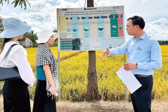 Đại diện Trung tâm Khuyến nông tỉnh Đắk Lắk trao đổi về các chương trình canh tác lúa giảm phát thải tại Trại lúa giống Hòa Xuân. (Ảnh MINH ANH)