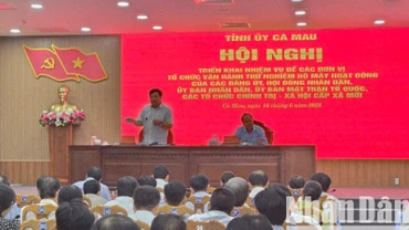 Chủ tịch Ủy ban nhân dân tỉnh Cà Mau Phạm Thành Ngại (đứng trên) phát biểu tại hội nghị chiều 16/6.