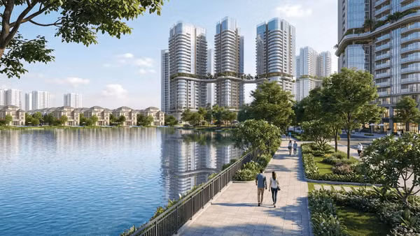 Phối cảnh Khu đô thị đa mục tiêu Bắc Thăng Long-Urban City khi hoàn thành, dự kiến bố trí tái định cư cho người dân thuộc các khu vực xã Thiên Lộc, Vĩnh Thanh, Đông Anh và các khu vực lân cận. (Ảnh: Chủ đầu tư dự án)