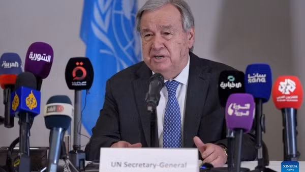 Tổng thư ký Liên hợp quốc Antonio Guterres tại cuộc họp báo trong chuyến thăm Syria, ngày 26/7/2026. (Ảnh: XINHUA)