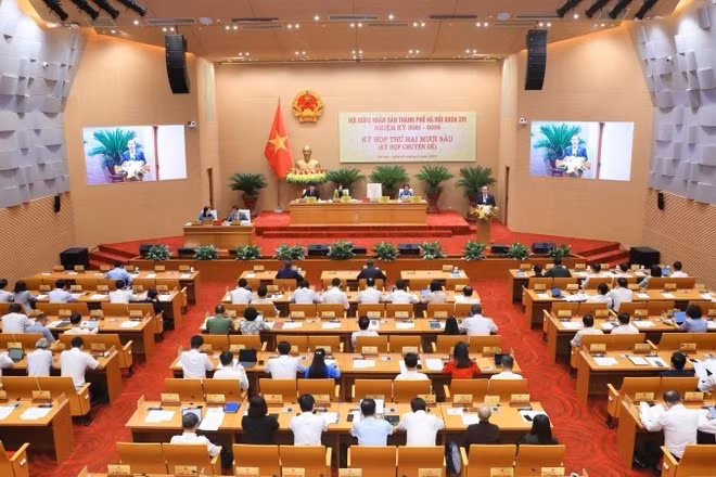 Quang cảnh Kỳ họp thứ 26 của Hội đồng nhân dân thành phố Hà Nội. (Ảnh: ND)