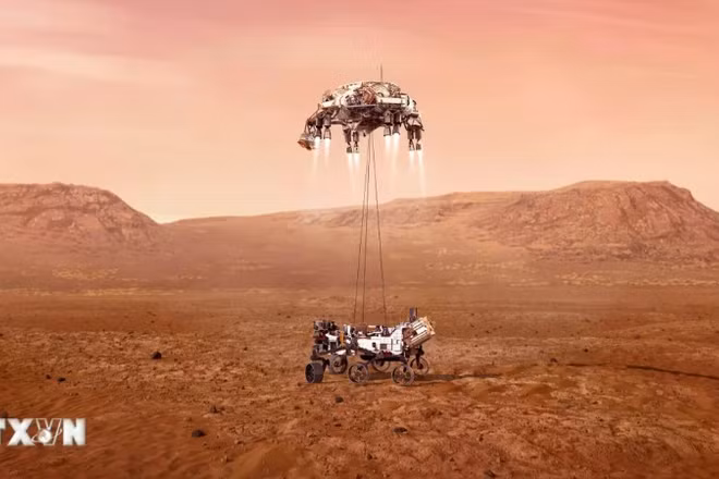 Tàu thám hiểm Perseverance của NASA hạ cánh xuống sao Hỏa. (Ảnh: THX/TTXVN)