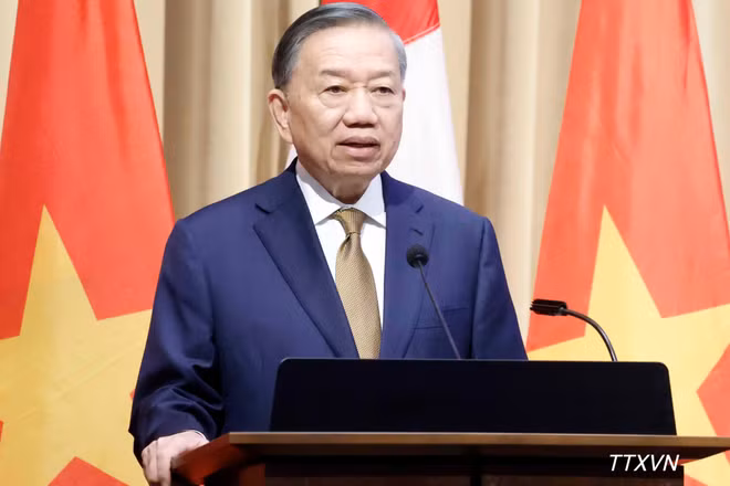 Tổng Bí thư, Chủ tịch nước Tô Lâm phát biểu chính sách "Quan hệ đối tác chiến lược Việt Nam-Canada trong bối cảnh thế giới đầy biến động”. (Ảnh: Thống Nhất/TTXVN)