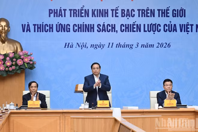 Thủ tướng Chính phủ Phạm Minh Chính chủ trì Hội nghị trực tuyến phát triển kinh tế bạc trên thế giới và thích ứng chính sách, chiến lược của Việt Nam. (Ảnh: TRẦN HẢI)