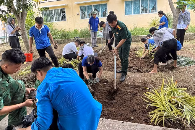 Sinh viên tình nguyện cùng Bộ đội Biên phòng, Công an tham gia xây dựng vườn ươm cây xanh tại phường Thường Lạc, tỉnh Đồng Tháp. (Ảnh: HỮU NGHĨA)