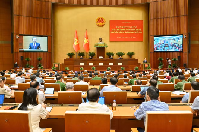 Quang cảnh Hội nghị toàn quốc sơ kết 1 năm vận hành mô hình tổ chức tổng thể của hệ thống chính trị và mô hình chính quyền 3 cấp, ngày 1/7/2026. (Ảnh: THỦY NGUYÊN)
