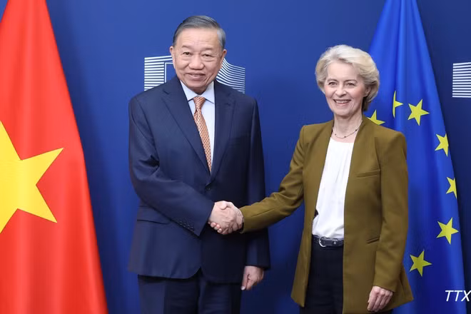 Tổng Bí thư, Chủ tịch nước Tô Lâm gặp Chủ tịch Ủy ban châu Âu Ursula von der Leyen. (Ảnh: TTXVN)