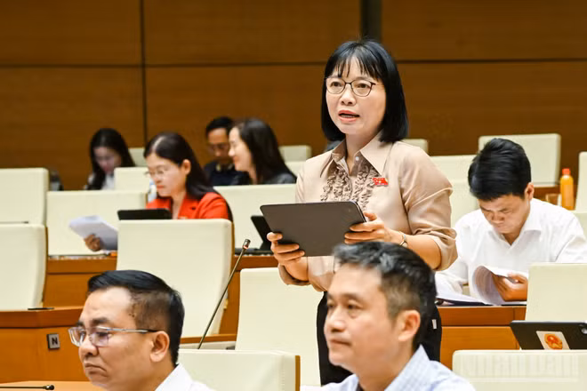 Đại biểu Nguyễn Thị Việt Nga, Phó trưởng Đoàn đại biểu Quốc hội chuyên trách thành phố Hải Phòng phát biểu tại hội trường. (Ảnh: DUY LINH)