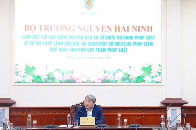 Bộ trưởng Tư pháp Nguyễn Hải Ninh phát biểu tại buổi làm việc. (Ảnh: TL)