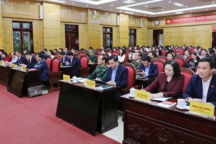 Các đại biểu tham dự hội nghị tại điểm cầu Tỉnh ủy Thanh Hóa.