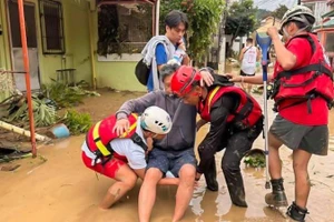 Các nhân viên cứu hộ di dời dân sau trận lũ do mưa lớn do bão Kalmaegi gây ra tại tỉnh Cebu, Philippines, ngày 4/11/2025. (Ảnh: Tân Hoa Xã)