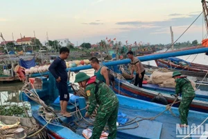 Cán bộ, chiến sĩ Đồn Biên phòng Đoàn Xá hỗ trợ ngư dân chằng buộc phương tiện phòng, chống bão Ragasa.
