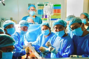 Các y, bác sĩ trong ca can thiệp tim bào thai cho sản phụ người Singapore.