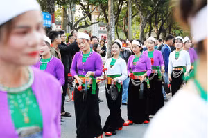 Hàng trăm nghệ nhân dân tộc Mường đã có buổi trình diễn sôi động tại phố đi bộ Hồ Gươm.