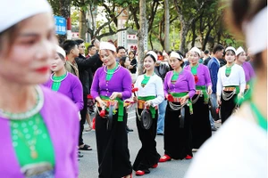 Hàng trăm nghệ nhân dân tộc Mường đã có buổi trình diễn sôi động tại phố đi bộ Hồ Gươm.