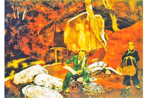 Bà Vương Thị Kim Liên trong tranh “Ông Ké Kách mệnh về Pác Bó năm 1941” của họa sĩ Thế Vỵ - Ảnh Kiều Mai Sơn chụp lại.