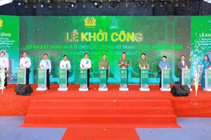 Các đại biểu thực hiện nghi thức bấm nút khởi công dự án. (Ảnh: CÔNG AN NGHỆ AN)