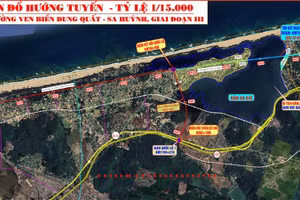 Bản đồ hướng tuyến dự án đường ven biển Dung Quất-Sa Huỳnh giai đoạn 3.