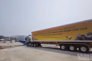 Xe chở sầu riêng xuất khẩu vào thị trường Trung Quốc theo diện Luồng xanh sử dụng hệ thống truy xuất nguồn gốc của Bộ Nông nghiệp và Môi trường tại khu vực Cửa khẩu Quốc tế Hữu Nghị, tỉnh Lạng Sơn.