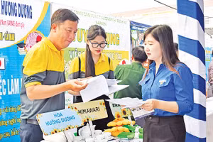 Các doanh nghiệp tư vấn, tuyển dụng lao động trong phiên giao dịch việc làm ở tỉnh Cà Mau. (Ảnh: MỘNG THƯỜNG)