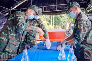 Đội lấy mẫu cẩn thận lấy mẫu hài cốt liệt sĩ chưa xác định được thông tin để phục vụ giám định ADN tại nghĩa trang liệt sĩ tỉnh An Giang, ở phường Rạch Giá.