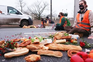 Các nhà hoạt động ở Đức tuần hành phản đối tình trạng lãng phí thực phẩm. Ảnh: REUTERS