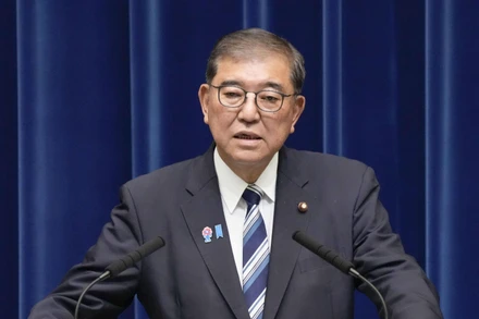 Thủ tướng Nhật Bản Ishiba Shigeru đã chính thức thông báo quyết định từ chức tại cuộc họp báo tại Tokyo ngày 7/9/2025. (Ảnh: Kyodo/TTXVN)