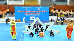 Màn biểu diễn của các võ sư tại Lễ khai mạc Giải Võ thuật cổ truyền Hà Nội mở rộng lần thứ 40. 