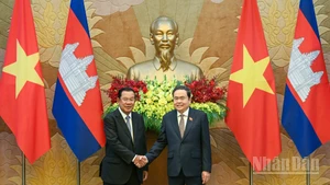 Chủ tịch Quốc hội Trần Thanh Mẫn và Chủ tịch Thượng viện Campuchia Hun Sen tại buổi tiếp.