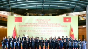 Chủ tịch Quốc hội Trần Thanh Mẫn và Ủy viên trưởng Nhân đại toàn quốc Trung Quốc Triệu Lạc Tế và đại biểu hai nước dự phiên họp.