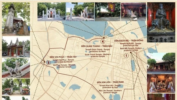 Bản đồ số hành trình tham quan Tứ trấn Thăng Long được thiết kế dễ hiểu và sinh động (Nguồn ipathanoi.vietnamica.online)