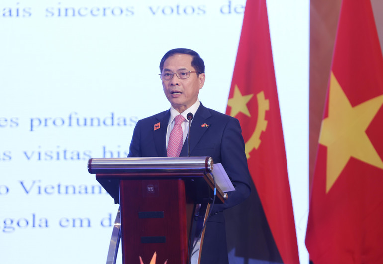 Phó Thủ tướng, Bộ trưởng Ngoại giao Bùi Thanh Sơn phát biểu chúc mừng kỷ niệm 50 năm thiết lập quan hệ ngoại giao Việt Nam-Angola. (Ảnh: TTXVN) vna-potal-chu-tich-nuoc-du-le-ky-niem-50-nam-thiet-lap-quan-he-ngoai-giao-viet-nam-angola-8197209.jpg