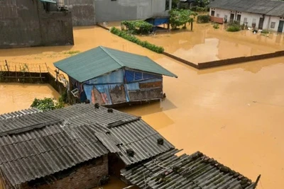 Nhiều ngôi nhà ở phường Thục Phán, tỉnh Cao Bằng bị ngập lụt.