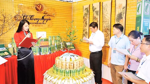 Hợp tác xã sản xuất, kinh doanh và dịch vụ tổng hợp Bình Thuận giới thiệu các sản phẩm chè tại Hội chợ xúc tiến thương mại. (Ảnh PHAN TRANG); 