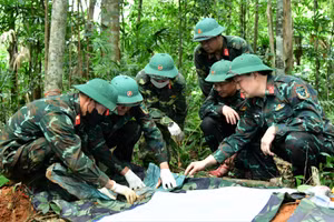 Đội quy tập hài cốt liệt sĩ Đoàn Kinh tế-Quốc phòng 337 quy tập các hài cốt liệt sĩ tại khu vực đồi Khe Cây Lỗi, thôn Cựp Cuôi, xã Hướng Lập, tỉnh Quảng Trị. (Ảnh: Đoàn Kinh tế-Quốc phòng 337)