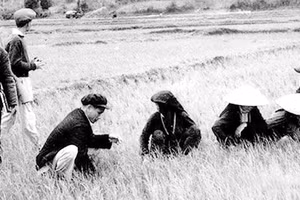 Bí thư Kim Ngọc (người đội mũ ngồi bên trái) với nông dân.