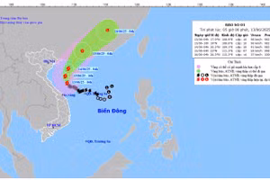 Bản đồ dự báo quỹ đạo và cường độ Bão số 1 lúc 5 giờ ngày 13/6.