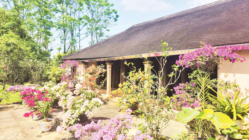 Một ngôi nhà rường cổ trong khuôn viên vườn ngập sắc hoa ở Hội Kỳ.