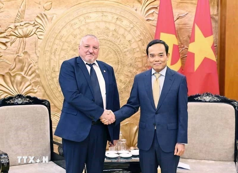 Bí thư Trung ương Đảng, Trưởng Ban Chính sách, Chiến lược Trung ương Trần Lưu Quang tiếp Chủ tịch Đảng Xã hội Hungary Imre Komjáthi. (Ảnh: Minh Đức/TTXVN)