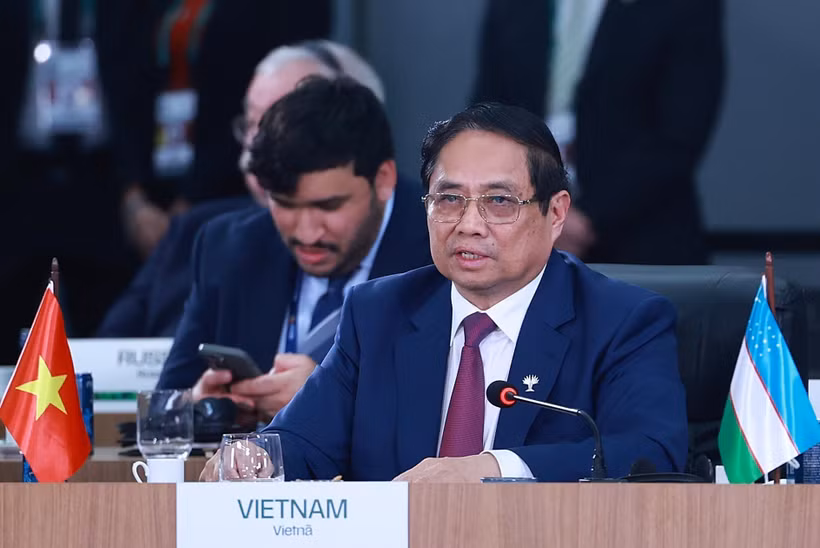 Thủ tướng Phạm Minh Chính phát biểu tại Phiên thảo luận cấp cao "Tăng cường chủ nghĩa đa phương, các vấn đề kinh tế-tài chính và trí tuệ nhân tạo". (Ảnh: Dương Giang/TTXVN)