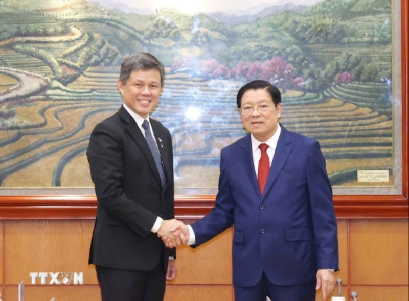 Trưởng Ban Nội chính Trung ương Phan Đình Trạc hội đàm với Phó Tổng Thư ký Đảng Hành động Nhân dân Singapore Chan Chun Sing. (Ảnh: Phương Hoa/TTXVN)