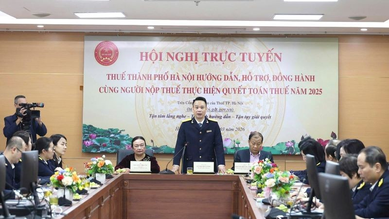 Trưởng Thuế TP Hà Nội Vũ Mạnh Cường phát biểu khai mạc hội nghị.