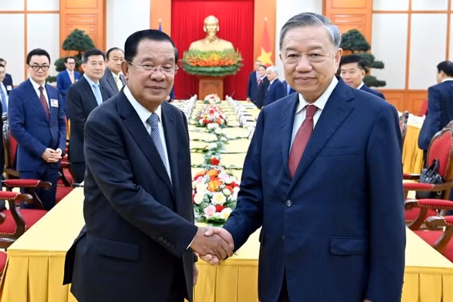 Tổng Bí thư Tô Lâm tiếp Chủ tịch Đảng Nhân dân Campuchia, Chủ tịch Thượng viện Campuchia Hun Sen. (Ảnh: ĐĂNG KHOA)