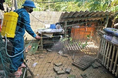 Dân quân ở tỉnh Thanh Hóa phun tiêu độc, khử trùng chuồng trại chăn nuôi cho hộ dân.